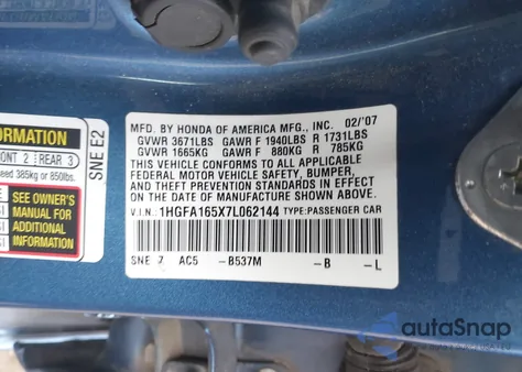 2007 Honda Civic Lx from USA, damaged, VIN 1HGFA165X7L062144